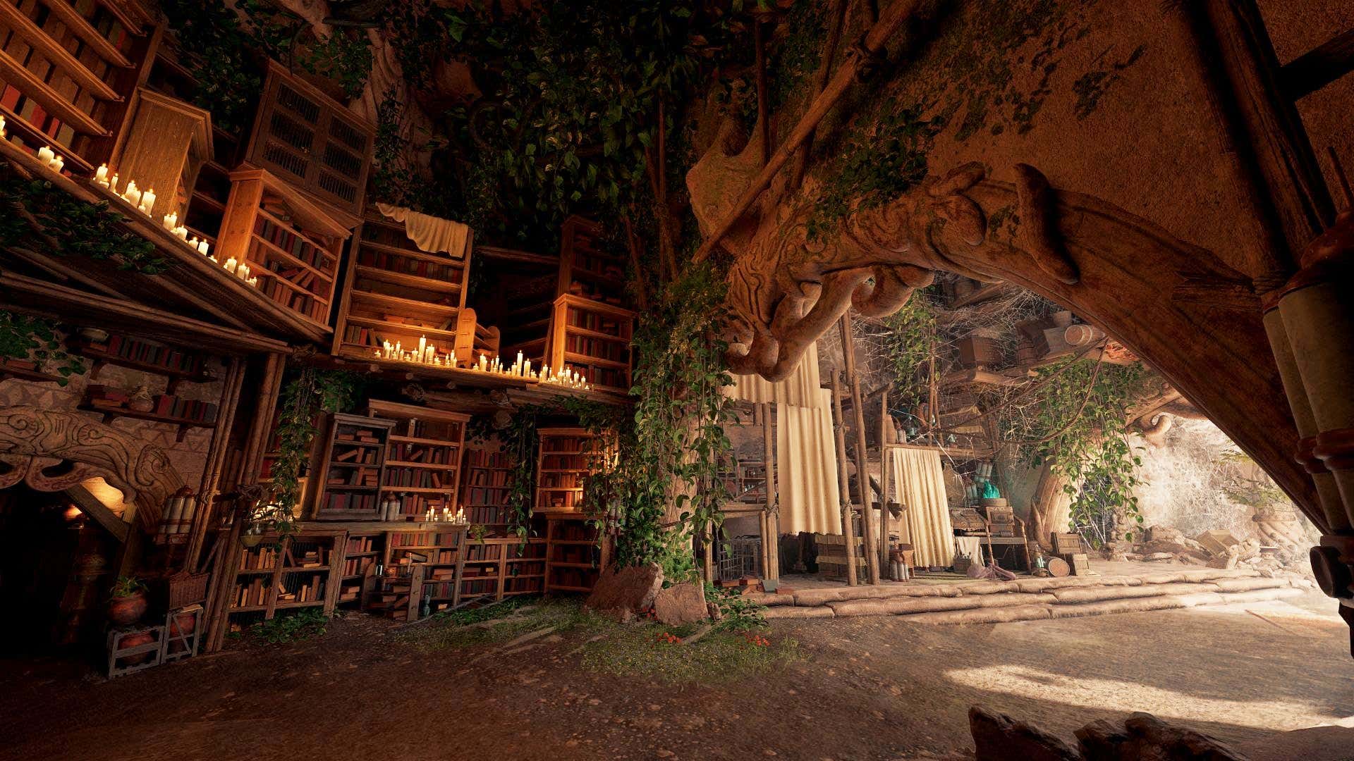 A candle-lit library leads to a sunny spider cave.